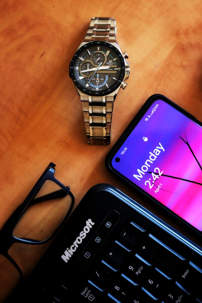 Flat lay of a watch, smartphone, glasses, and keyboard on a desk.